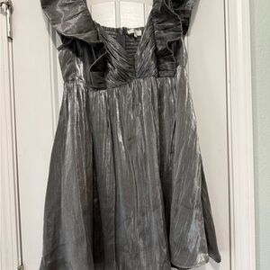 Metallic Silver Ruffle V-Neck Women's Dress